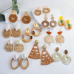 Dangle & Chandelier Lifefontier Bohemian Wooden Straw Weave Rattan Knit Vine Drop Earrings For Women Handmade Geometric Holiday JewelryDangl