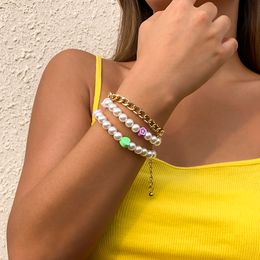 Fashion Korean Acrylic Flower Bead Bracelet Imitation Pearl Chain Metal Cable Chain Multi-piece Bracelet Summer Jewellery