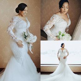 2022 Plus Size Arabic Aso Ebi Lace Beaded Mermaid Wedding Gowns Sheer Neck Long Sleeves Vintage Bridal Dresses