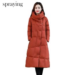 Top quality women warm jacket solid long cotton coat Covered button stand collar winter jacket women A-line long sleeve parka 201128