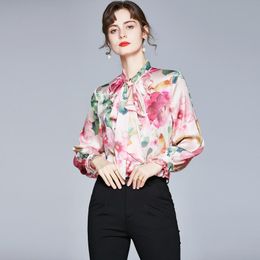 Women's Blouses & Shirts Bow Tie Blusas Mujer De Moda Satin Chemise Femme Floral Print Camisas Petal Cuff Sleeves Y Women Top