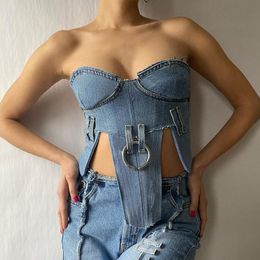 Women's Tanks & Camis Women Denim Bandeau Tops Irregular Cut Hem Design Summer Sexy Backless Bandage Tube Tank Wild Vest StreetwearWomen's