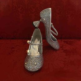 2022 new Pearl crystal high heels round head Rhinestone mesh hot drill Mary Jane single shoes wine cup with women