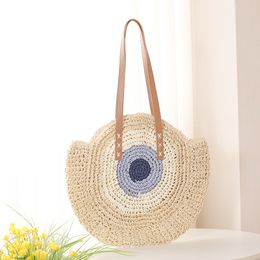 China Luxury Colorful Tote Bag Handwoven Round Beach Shoulder Bag Straw Bags With Leather Handle