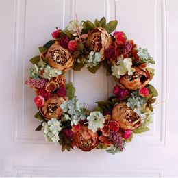 White Peony Wreath Christmas Wreath Door Wall Hanging Ornament Rattan Round Garland Decoration Artificial Flower Fake Flower 201006