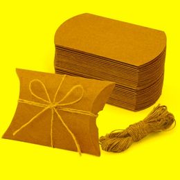 Gift Wrap Kraft Paper Pillow Box Candy Foldable With Jute Rope Jewellery PackagingGift