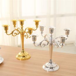 Wholesale Silver Gold Black Bronze Metal Candle Holder 5 arms 3 Stand Wedding stick Candelabra Drop LJ201018