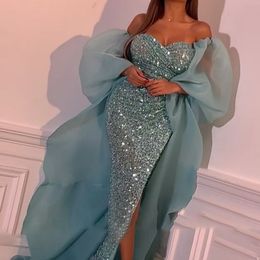 2022 New Sexy Mesh Wrap Sheath Prom Evening Dress Deep V Neck Long Sleeve Side Slit Mermaid Evening Dresses