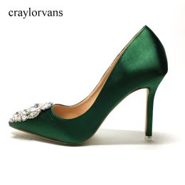 New Glitter High Heels Shoes Green Colour Women Pumps Pointed toe Woman Crystal Wedding Shoes Zapatos Mujer 718 210225