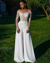 2022 Bohemian Boho Jumpsuits Wedding Dress Lace Long Sleeve Off The Shoulder Bridal Dresses Wedding Gowns Vestido de Noiva