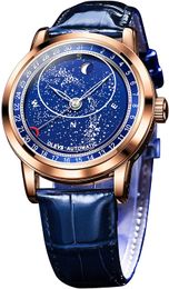 Men's Sky Moon Watch Automatic Mechanical Blue Leather Luxury Dress Waterproof Luminous Wrist Watches