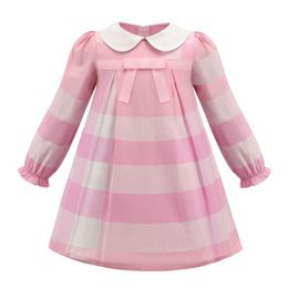 Baby Girls Plaid Long Sleeve Dresses Spring Autumn Kids Pink Princess Bowknot Dress Girl Skirts Cotton Children Skirt 2-8 Years