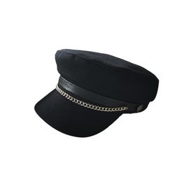 Berets Black Fashionable Military Hats Women Marine Cadet Golden Chain Flat Pu Leather Top Spring Autumn Ladies Boys CapBerets