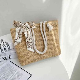 2022 Macrame Simple Handbags Straw Beach Bag Fashion Silk Scarf Women's Shoulder Bags