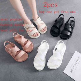 2PCS Hot Sales Summer Flat Sandals Women Shoes Gladiator Open Toe Buckle Soft Jelly Sandals Female Women's Flat Beach Shoes New G220518