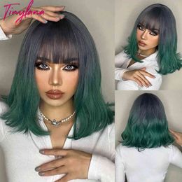 Short Bob Synthetic Wigs Medium Wavy Ombre Grey Purple Green Hair Wig For Women With Bangs Cosplay Party Daily Heat Resistant