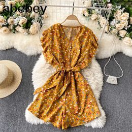 Women Bohemian Floral Rompers Korean V Neck Ruffles Sleeve Button Jumpsuit Summer Casual Wide Leg Print Short Rompers 210715