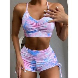 Women Seamless Yoga Set Fitness Sports Suits Gym Clothing Push Up 2 Pieces Bra+Gym Short Pants Female Running Workout 220330