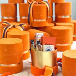 New Arrive Round Flannel Candy Box Red Box Orange Companion Gift Box Wedding Packing Bag Wedding Supplies CX220423