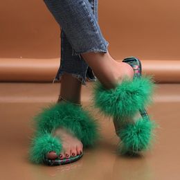 Slippers Women's Feather Flat Sandals Summer Beach 2022 Toe Women Luxury Furry Flip Flops Fashion Female Footwear