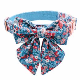 Dog Collars & Leashes Unique Style Paws Cotton Collar With Sailor Bow Tie Blue Flower Pet Adjustable Puppy For Small Medium Large DogDog