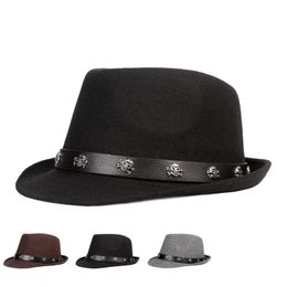 Classic Top Hat Spring Winter Men Short Brim Felt Fedora Hat with Skull Belt Black Panama Vintage Trilby Gentleman Cap