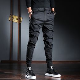 Men Casual Pants Korean Streetwear Black Stretch Slim Fit Trousers 220330