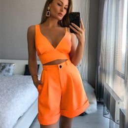 Women's Spring/Summer Suit Solid Color Two-piece Sexy Slim Tube Top High Waist Shorts 2 Piece Set and Vest 220509