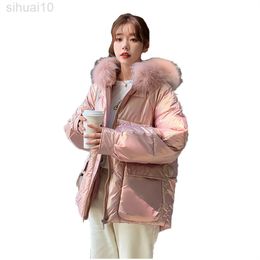 New Pink Parkas Jacket Women Winter Thick Warm Cotton Coat Loose Fur Collar Hooded Glossy Down Cotton Coat L220730