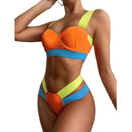 Sexy Contrast Bandage Bikini Hard Covered Underwire Swimsuit Woman Bathing Suits Swimming Suit For Women Beachwear Swimwear Y220420