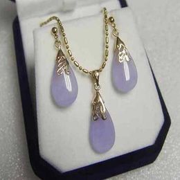 AAA Beautiful Jewelry 18KGP Purple jade pendant necklace earring set
