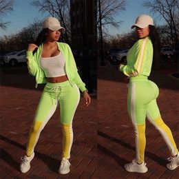 Autumn Women Yellow Green Colorblock Tracksuits Long Sleeves Cardigan Jacket Stripe Jogging Sweatpants Suit Street Outfit Set T200810