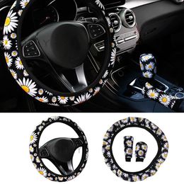 Steering Wheel Covers 37-38Cm Car Cover Daisy Flower Knitted Fabric Handbrake Gear Set Interior Decora Accessories