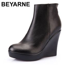 BEYARNE Genuine Leather Autumn Winter Boots Shoes Women Ankle Boots Female Wedges Boots Women Boot Platform ShoesE255 201102