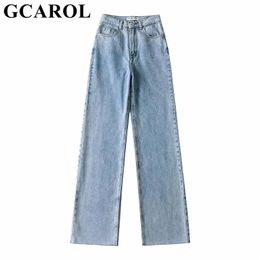 GCAROL Women High Waisted Wide Leg Pants With Rough Edge Slim and Sagging Chic Stylish Bottom Burr Denim Jeans Trousers 220402