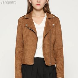 2022 Autumn Fashion Women Suede Motorcycle Jacket Slim Brown Full Lined Soft Faux Leather Coat Veste Femme Cuir Epaulette Zipper L220801