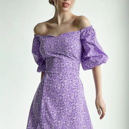OOTN Summer Elegant Dress Holiday Floral Print Slash Neck Back Lace Up Womens Dress Purple Slit Lantern Sleeve A-Line Dress 220511