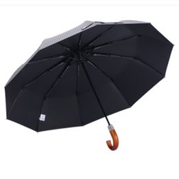 Leodauknow three folding business stripes wooden curved handle classic 10K Windproof high quality mens fully automatic umbrella 210223