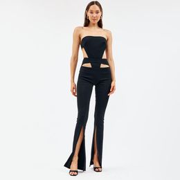 Women's Two Piece Pants Summer Arrive Black Color Sexy Strapless Bare Waist Women Playsuit Hollow Out Split Bandage One-piece PantsWomen's