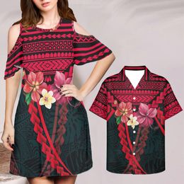 Summer Dresses Woman Off The Shoulder And Men Shirt 4XL Hibiscus Plumeria Boho Print Couple Black Red Cloth Vestidos Mujer 220627