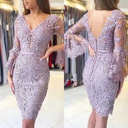 Charming Lavender Lace Short Mother of the Bride Dresses Flare Long Sleeves V Neck Knee Length Back Out Wedding Guest Gowns