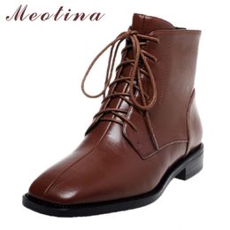 Winter Ankle Boots Women Natural Genuine Leather Block Heels Short Zipper Square Toe Shoes Female Plus Size 3442 210517