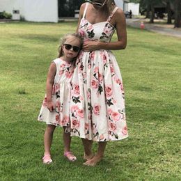 Loalirando Mother and Daughter Floral Print Family Matching Dress V-Neck Ruffle Spaghetti Straps Sleeveless Parent-Child Beach Mini Sundress