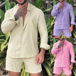 Summer Brand Men Sets Fashion Linen Cotton Long Sleeve Button Shirts Beach Casual Shorts Sports Suit Daily Tops Male Outfits 220803