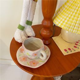 Cups & Saucers Retro vintage style pink flower hand pinch coffee cup and saucer set afternoon tea ceramic mug