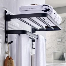 Aluminium Alloy Folding Bathroom Towel Rack Black Oil Brushed Foldable Fixed Holder Shelves Rail Y200407