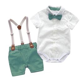 Citgeett Summer Toddler Kid Boys Long Sleeve Tops Suspender Pants Suit Lapel Button Romper Shirt Gentleman Clothes 220620