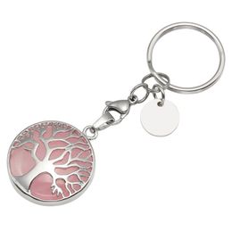 Natural Pink Quartz aventurine Gem Stone Tree of Life Keychain Key Ring Healing Amethyst Crystal Key Chain Jewelry