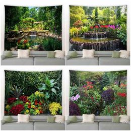 Spring Garden Landscape Wall Carpet Fountain Flowers Tropical Plants Nature Fabric Hanging Living Room Courtyard Decor J220804