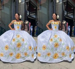 2023 Modern Yellow Flowers Embroidered Quinceanera Dresses Charro Mexican Style White Satin Beaded Waistline Ball Gown Off The Shoulder Sweet 15 Dress Womens